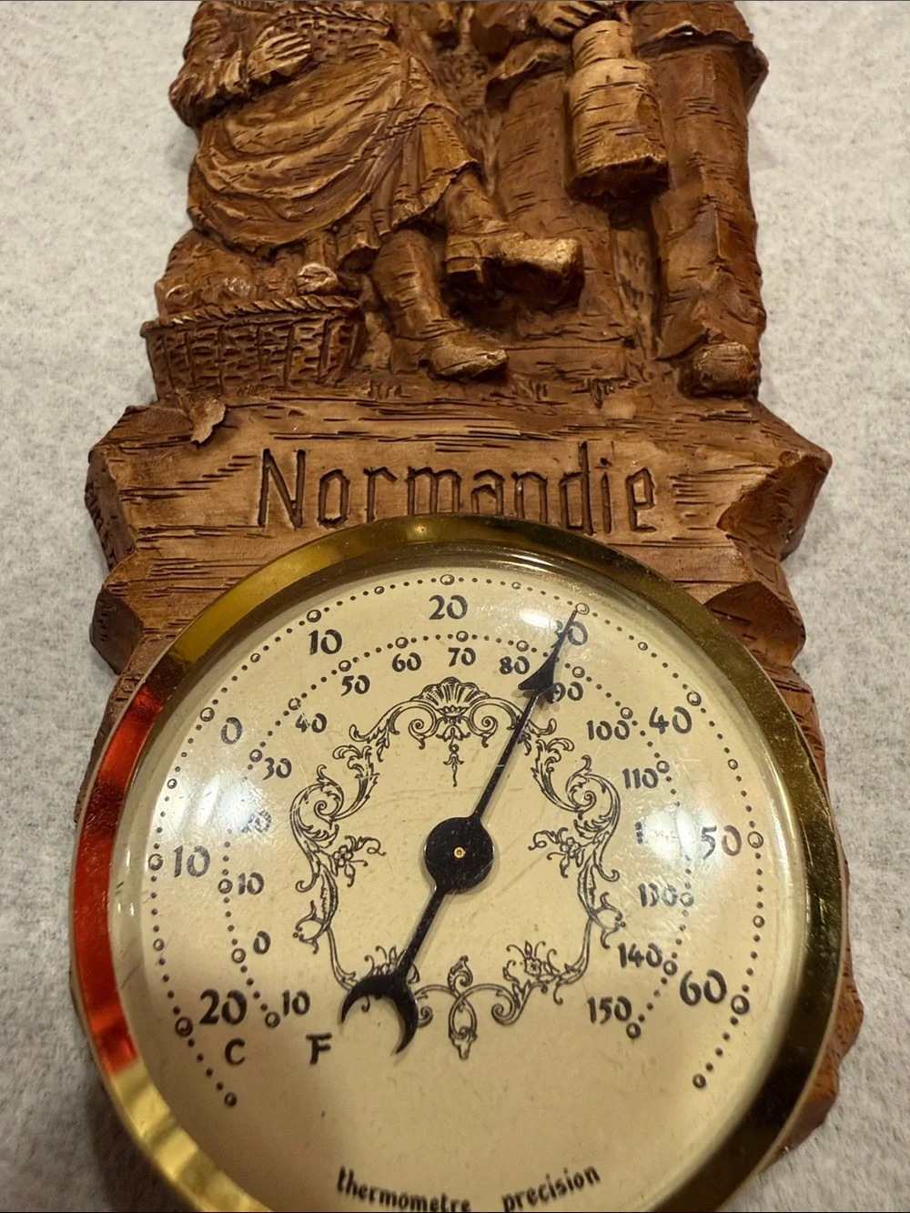 Andie Carved Wood Wall Thermometer Plaque in Brown